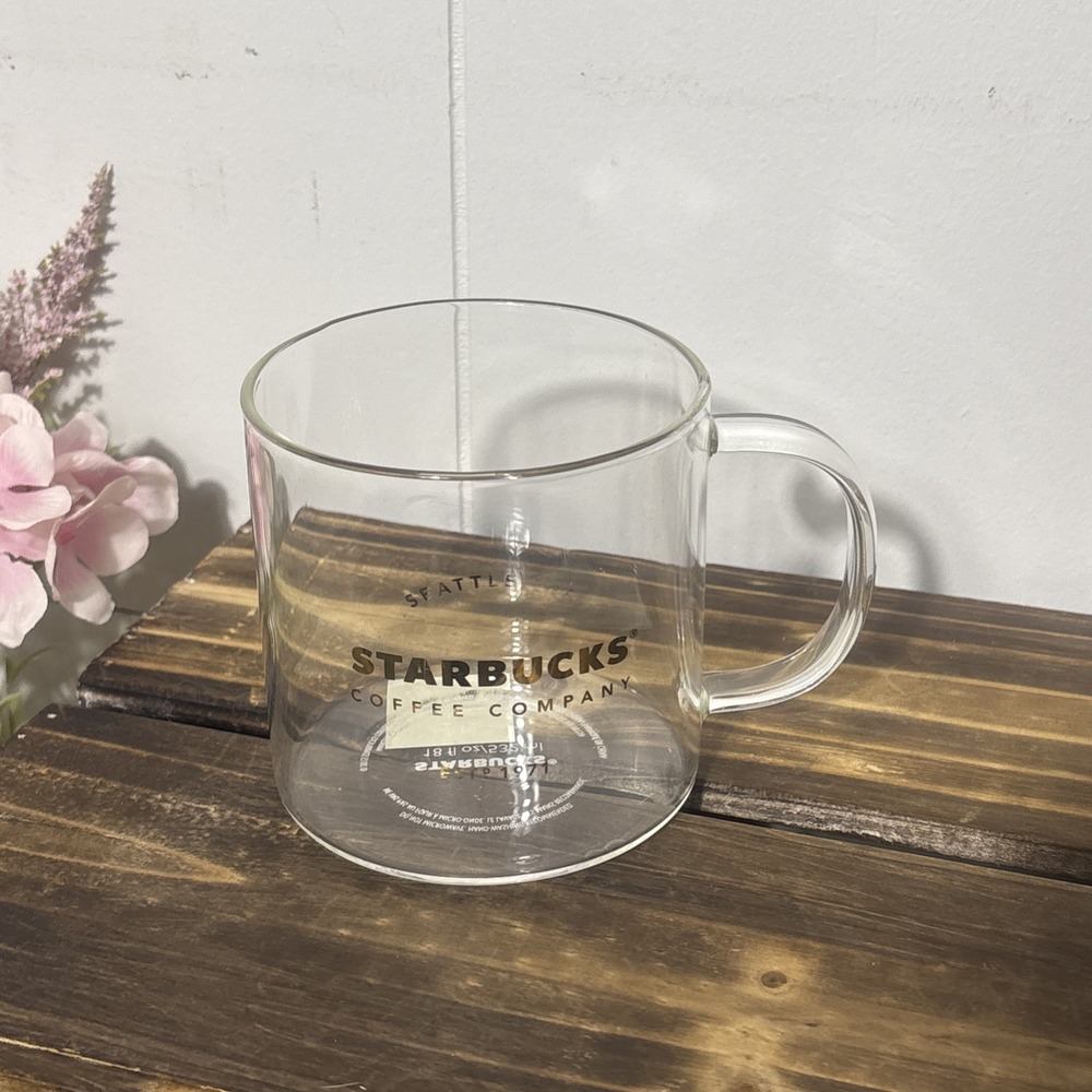 2015 Starbucks Coffee Company Clear Glass Coffee Mug 18 oz Large Gold Tone Logo